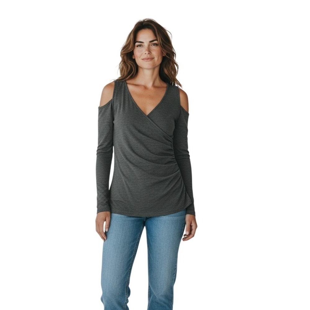 Merry Fun Charcoal Cold Shoulder Wrap Top‎ Ruched Long Sleeve V-Neck